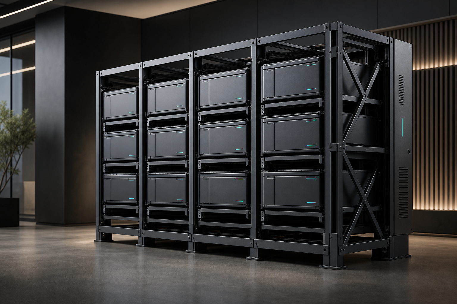 Premium industrial concept visual με μεταλλικά battery racks και καθαρό τεχνικό frame