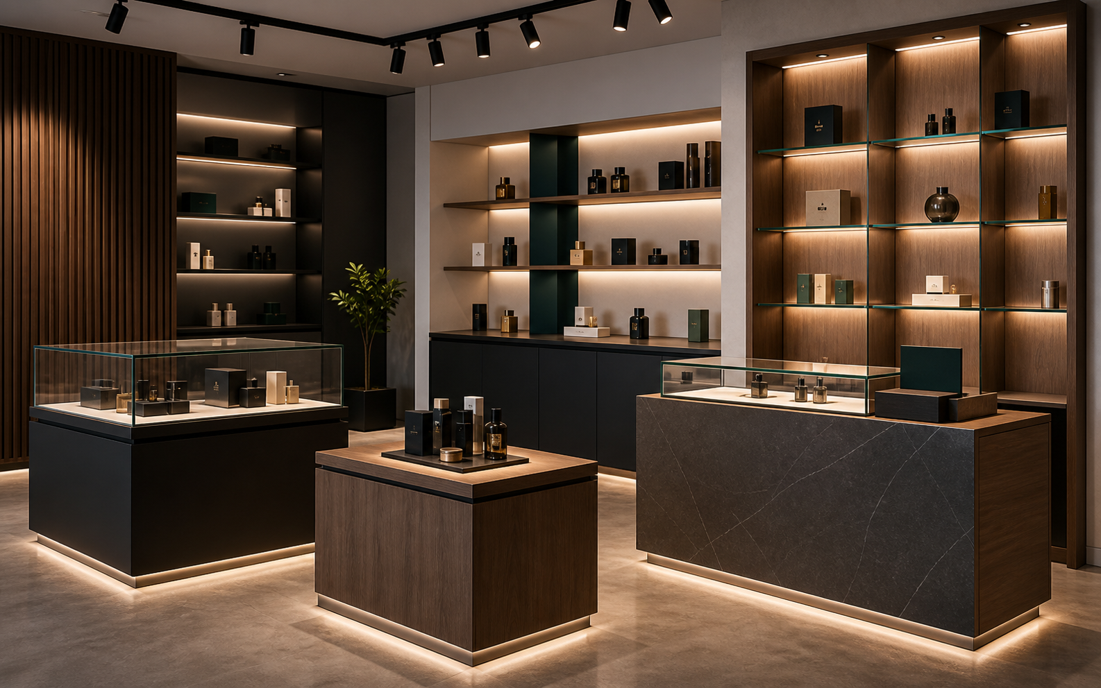 Retail display concept with custom counters, shelves and product presentation surfaces