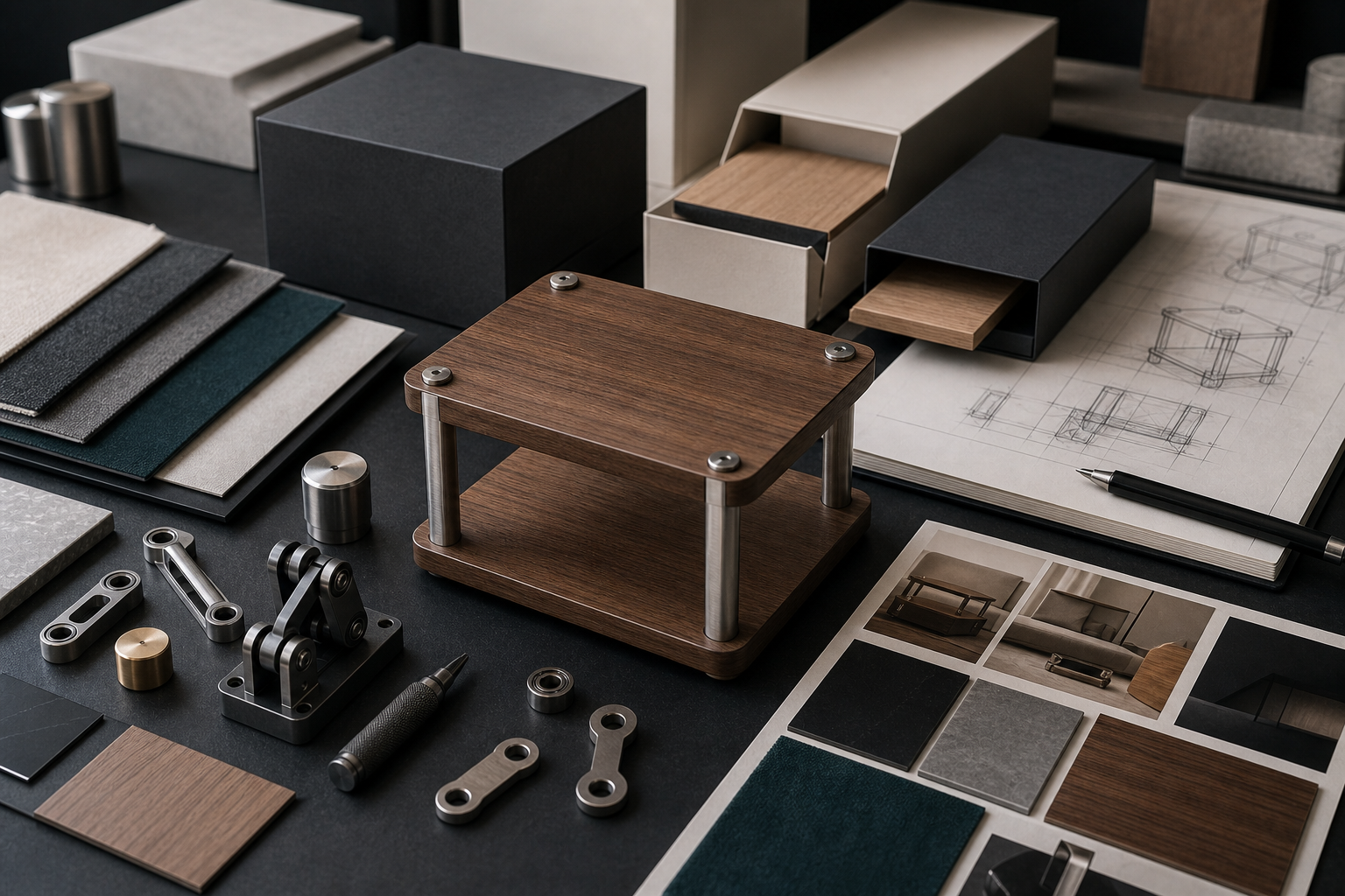 Product design materials and packaging forms on a studio table