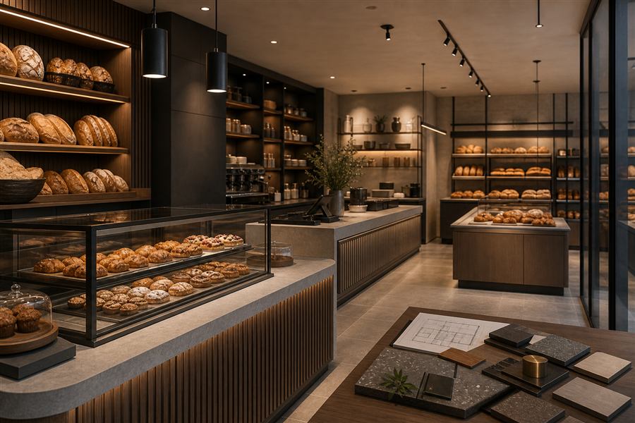 Concept εικόνα για φούρνο ή bakery με πάγκους και παρουσίαση προϊόντων