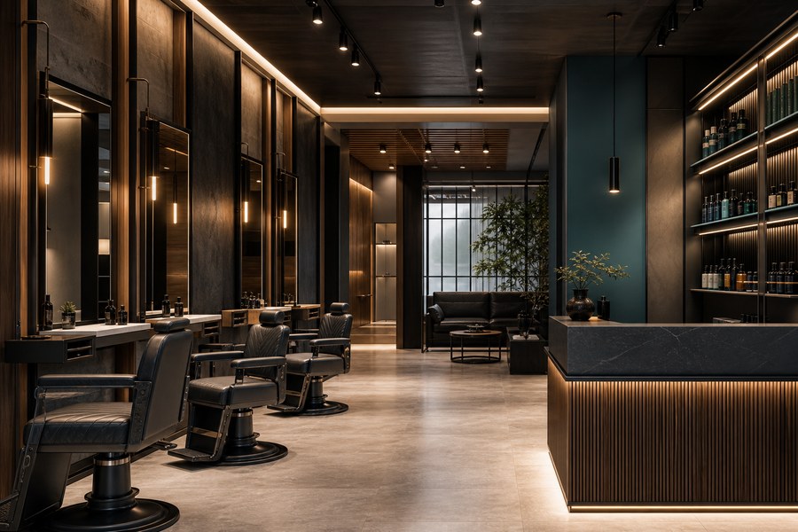 Barber shop και κομμωτήριο με θέσεις εργασίας, υποδοχή και προβολή προϊόντων