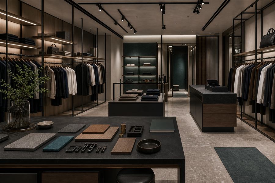 Concept εικόνα για κατάστημα ένδυσης με custom displays και καθαρή παρουσίαση προϊόντων